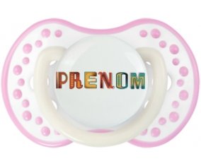 Tétine Prénom ou texte personnalisée alphabet style-29 :Blanc-rose phosphorescente Tétine embout Lovi Dynamic 0/6 mois