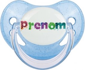 Tétine Prénom ou texte personnalisée alphabet style-30 :Bleue à paillette embout physiologique 0/6 mois