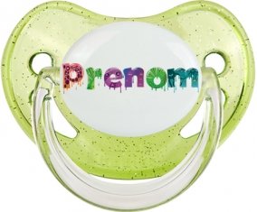 Tétine Prénom ou texte personnalisée alphabet style-30 :Vert à paillette embout physiologique 0/6 mois