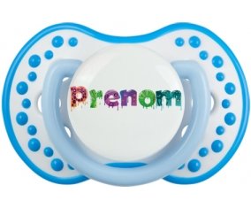 Tétine Prénom ou texte personnalisée alphabet style-30 :Blanc-bleu phosphorescente Tétine embout Lovi Dynamic 0/6 mois