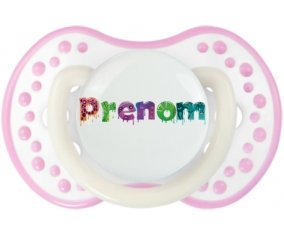 Tétine Prénom ou texte personnalisée alphabet style-30 :Blanc-rose phosphorescente Tétine embout Lovi Dynamic 0/6 mois