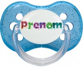Tétine Prénom ou texte personnalisée alphabet style-30 :Bleu à paillette Tétine embout cerise 0/6 mois