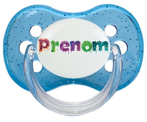 Tétine Prénom ou texte personnalisée alphabet style-30 :Bleu à paillette Tétine embout cerise 0/6 mois