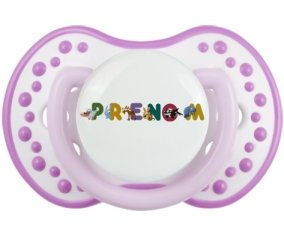 Tétine Prénom ou texte personnalisée alphabet style-32 :Blanc-mauve classique Tétine embout Lovi Dynamic 0/6 mois
