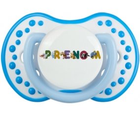 Tétine Prénom ou texte personnalisée alphabet style-32 :Blanc-bleu phosphorescente Tétine embout Lovi Dynamic 0/6 mois