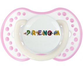 Tétine Prénom ou texte personnalisée alphabet style-32 :Blanc-rose phosphorescente Tétine embout Lovi Dynamic 0/6 mois