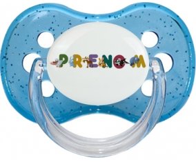 Tétine Prénom ou texte personnalisée alphabet style-32 :Bleu à paillette Tétine embout cerise 0/6 mois