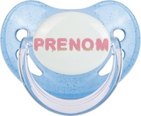 Tétine Prénom ou texte personnalisée alphabet style-33 :Bleue à paillette embout physiologique 0/6 mois