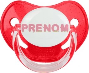 Tétine Prénom ou texte personnalisée alphabet style-33 :Rouge à paillette embout physiologique 0/6 mois