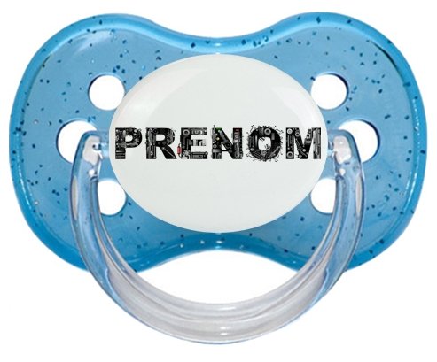 Tétine Prénom ou texte personnalisée alphabet style-34 :Bleu à paillette Tétine embout cerise 0/6 mois