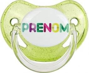 Tétine Prénom ou texte personnalisée alphabet style-35 :Vert à paillette embout physiologique 0/6 mois
