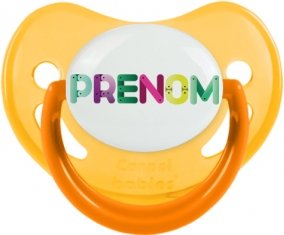 Tétine Prénom ou texte personnalisée alphabet style-35 :Jaune phosphorescente embout physiologique 0/6 mois