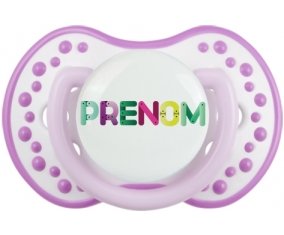 Tétine Prénom ou texte personnalisée alphabet style-35 :Blanc-mauve classique Tétine embout Lovi Dynamic 0/6 mois
