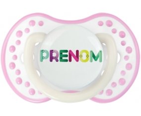 Tétine Prénom ou texte personnalisée alphabet style-35 :Blanc-rose phosphorescente Tétine embout Lovi Dynamic 0/6 mois