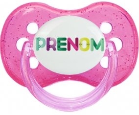 Tétine Prénom ou texte personnalisée alphabet style-35 :Rose à paillette Tétine embout cerise 0/6 mois