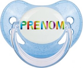 Tétine Prénom ou texte personnalisée alphabet style-36 :Bleue à paillette embout physiologique 0/6 mois