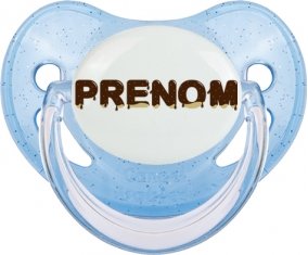 Tétine Prénom ou texte personnalisée alphabet style-37 :Bleue à paillette embout physiologique 0/6 mois
