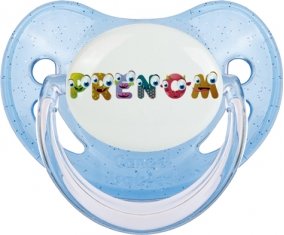 Tétine Prénom ou texte personnalisée alphabet style-38 :Bleue à paillette embout physiologique 0/6 mois