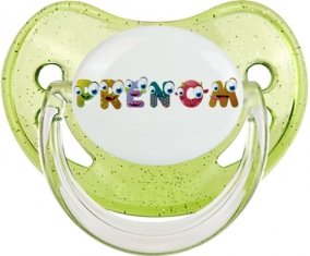 Tétine Prénom ou texte personnalisée alphabet style-38 :Vert à paillette embout physiologique 0/6 mois