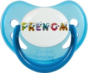 Tétine Prénom ou texte personnalisée alphabet style-38 :Bleue phosphorescente embout physiologique 0/6 mois