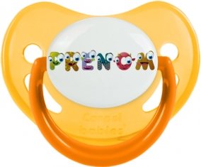 Tétine Prénom ou texte personnalisée alphabet style-38 :Jaune phosphorescente embout physiologique 0/6 mois