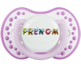 Tétine Prénom ou texte personnalisée alphabet style-38 :Blanc-mauve classique Tétine embout Lovi Dynamic 0/6 mois
