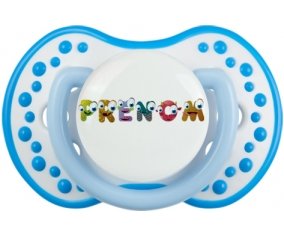 Tétine Prénom ou texte personnalisée alphabet style-38 :Blanc-bleu phosphorescente Tétine embout Lovi Dynamic 0/6 mois