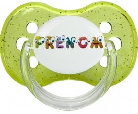 Tétine Prénom ou texte personnalisée alphabet style-38 :Vert à paillette Tétine embout cerise 0/6 mois