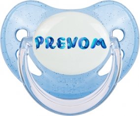 Tétine Prénom ou texte personnalisée alphabet style-39 :Bleue à paillette embout physiologique 0/6 mois