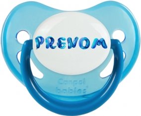 Tétine Prénom ou texte personnalisée alphabet style-39 :Bleue phosphorescente embout physiologique 0/6 mois