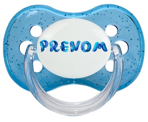 Tétine Prénom ou texte personnalisée alphabet style-39 :Bleu à paillette Tétine embout cerise 0/6 mois