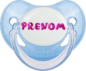 Tétine Prénom ou texte personnalisée alphabet style-40 :Bleue à paillette embout physiologique 0/6 mois