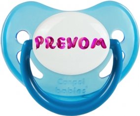 Tétine Prénom ou texte personnalisée alphabet style-40 :Bleue phosphorescente embout physiologique 0/6 mois