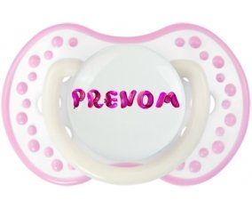 Tétine Prénom ou texte personnalisée alphabet style-40 :Blanc-rose phosphorescente Tétine embout Lovi Dynamic 0/6 mois
