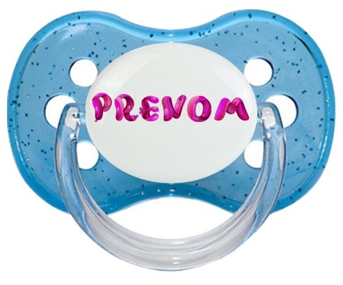 Tétine Prénom ou texte personnalisée alphabet style-40 :Bleu à paillette Tétine embout cerise 0/6 mois