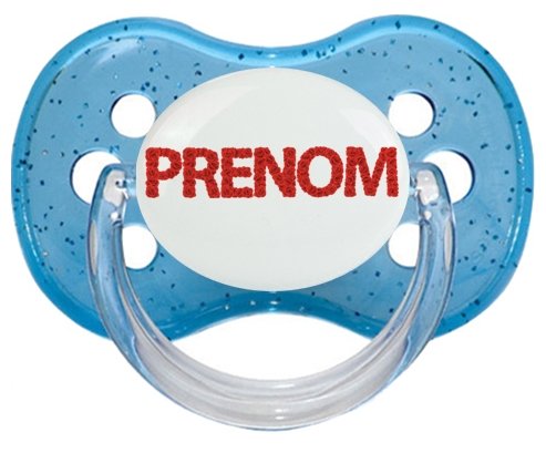 Tétine Prénom ou texte personnalisée alphabet style-41 :Bleu à paillette Tétine embout cerise 0/6 mois