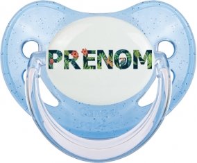 Tétine Prénom ou texte personnalisée alphabet style-42 :Bleue à paillette embout physiologique 0/6 mois