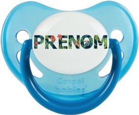 Tétine Prénom ou texte personnalisée alphabet style-42 :Bleue phosphorescente embout physiologique 0/6 mois