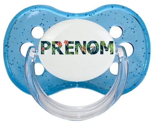 Tétine Prénom ou texte personnalisée alphabet style-42 :Bleu à paillette Tétine embout cerise 0/6 mois