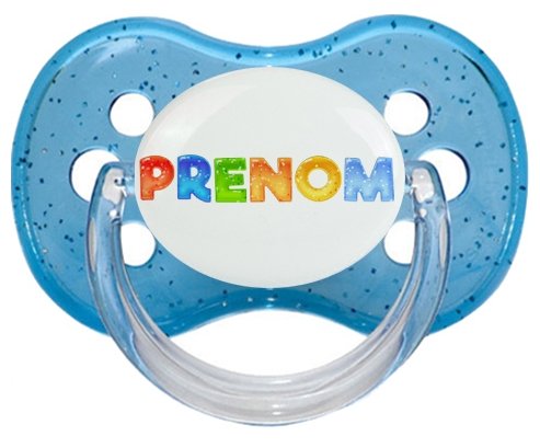 Tétine Prénom ou texte personnalisée alphabet style-43 :Bleu à paillette Tétine embout cerise 0/6 mois