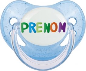 Tétine Prénom ou texte personnalisée alphabet style-44 :Bleue à paillette embout physiologique 0/6 mois