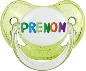 Tétine Prénom ou texte personnalisée alphabet style-44 :Vert à paillette embout physiologique 0/6 mois