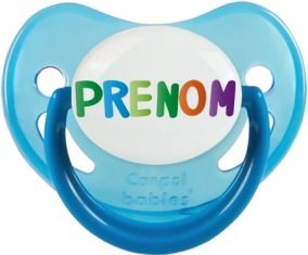 Tétine Prénom ou texte personnalisée alphabet style-44 :Bleue phosphorescente embout physiologique 0/6 mois