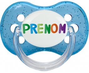 Tétine Prénom ou texte personnalisée alphabet style-44 :Bleu à paillette Tétine embout cerise 0/6 mois