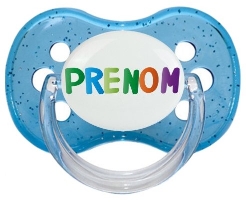 Tétine Prénom ou texte personnalisée alphabet style-44 :Bleu à paillette Tétine embout cerise 0/6 mois