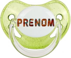 Tétine Prénom ou texte personnalisée alphabet style-45 :Vert à paillette embout physiologique 0/6 mois