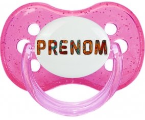 Tétine Prénom ou texte personnalisée alphabet style-45 :Rose à paillette Tétine embout cerise 0/6 mois