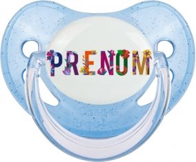 Tétine Prénom ou texte personnalisée alphabet style-47 :Bleue à paillette embout physiologique 0/6 mois