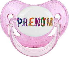 Tétine Prénom ou texte personnalisée alphabet style-47 :Rose à paillette embout physiologique 0/6 mois