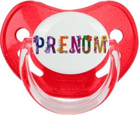 Tétine Prénom ou texte personnalisée alphabet style-47 :Rouge à paillette embout physiologique 0/6 mois